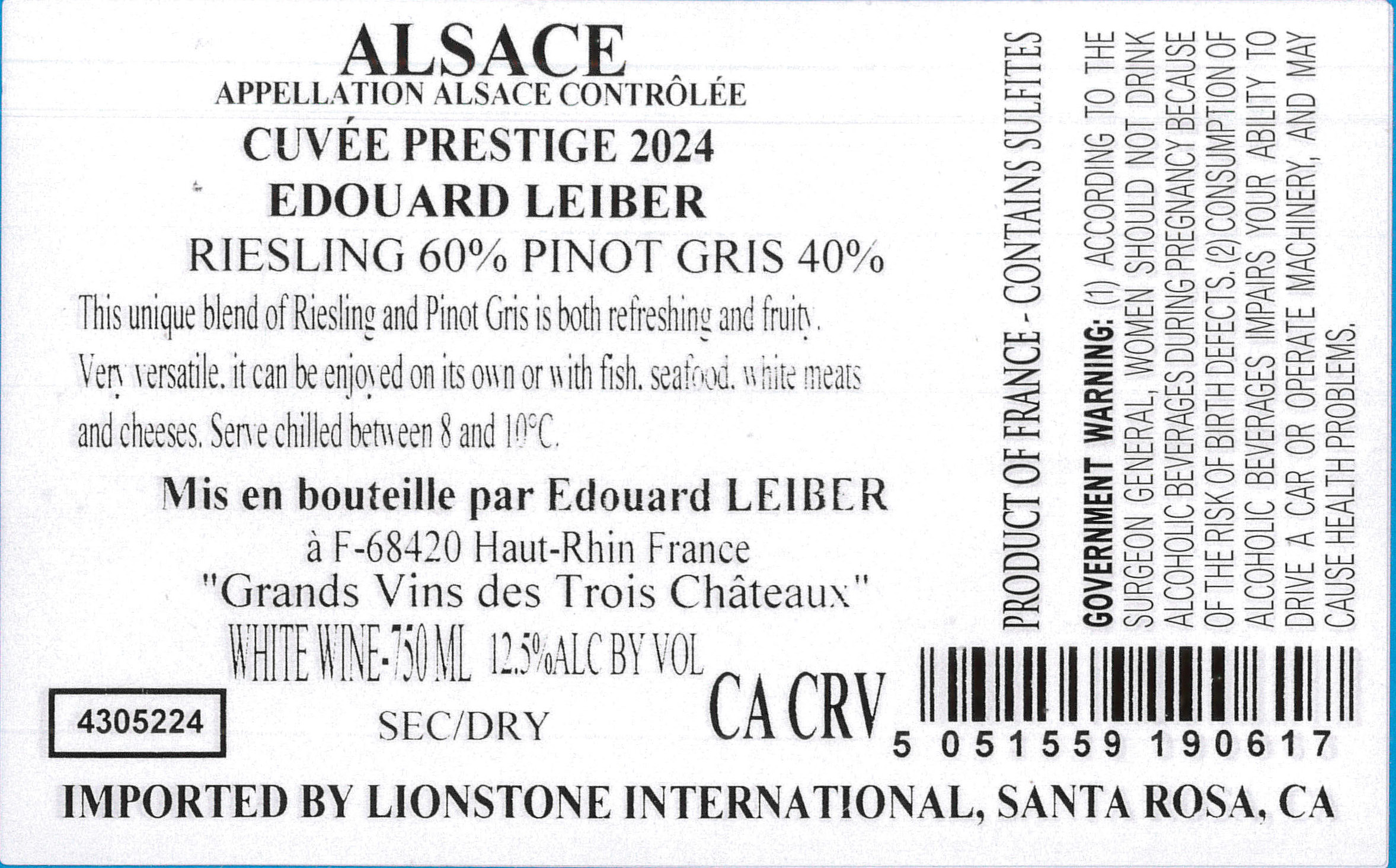 TABC label artwork for Edouard Lieber Cuvee Prestige Alsace Riesling, Pinot Gris, France