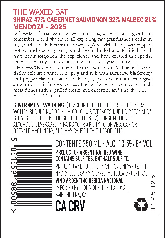 TABC label artwork for The Waxed Bat Mendoza Shiraz, Cabernet Sauvignon, Malbec, Argentina