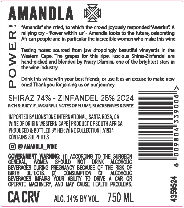 TABC label artwork for Amandla Western Cape Shiraz, Zinfandel, South Africa