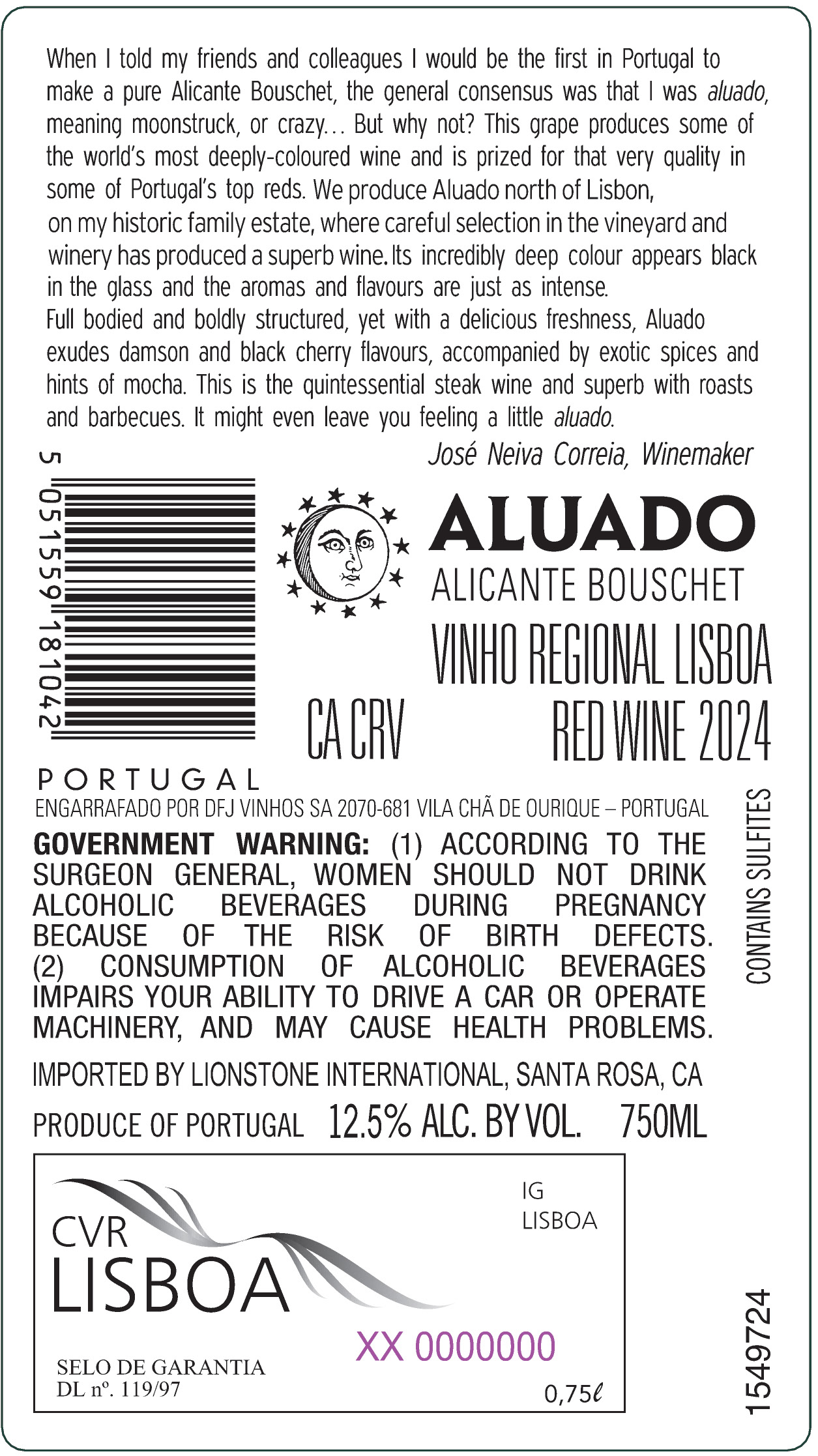 TABC label artwork for Aluado Lisboa Alicante Bouschet Red Wine, Portugal