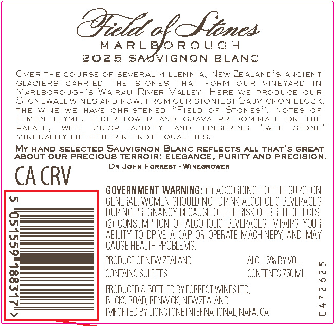 TABC label artwork for Field of Stones Marlborough Sauvignon Blanc, New Zealand