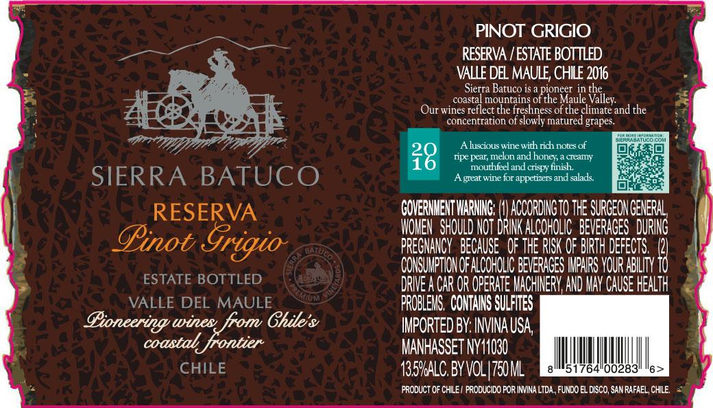 TABC label artwork for SIERRA BATUCO RESERVA PINOT GRIGIO VALLE DEL MAULE