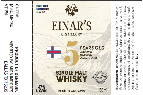 TABC label artwork for EINAR'S DISTILLERY 5 YEARS OLD