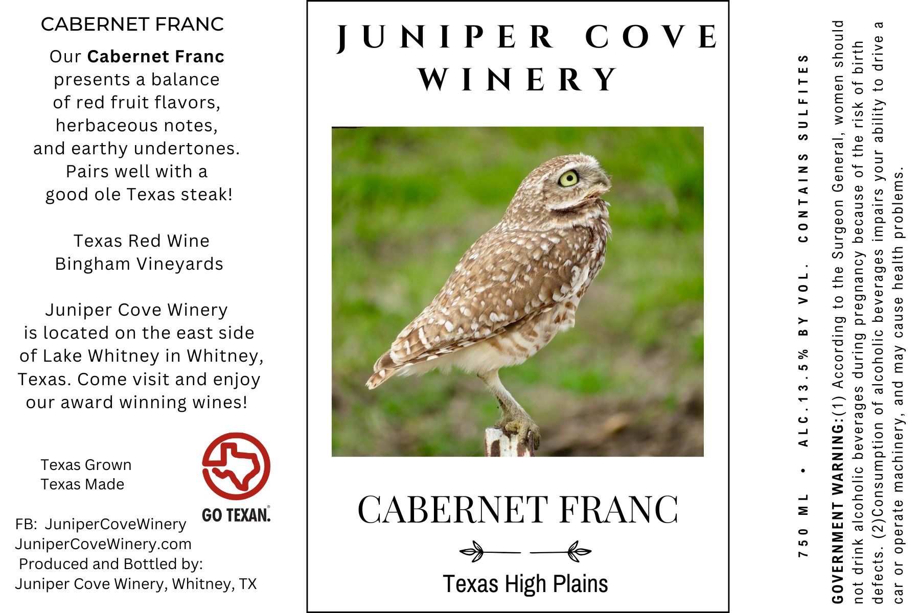 TABC label artwork for Juniper Cove Winery Cabernet Franc
