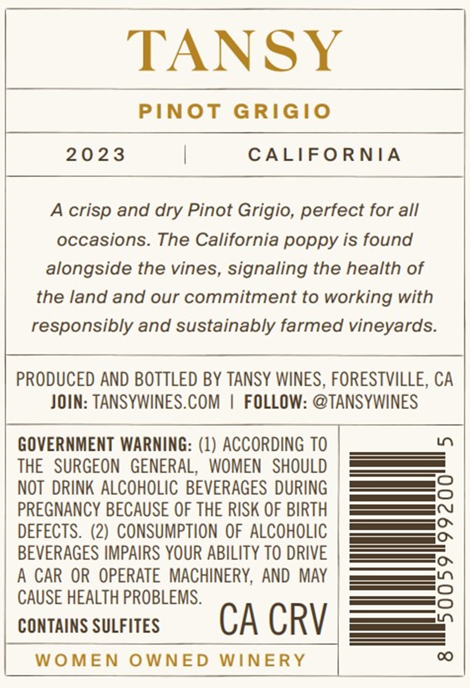 TABC label artwork for Tansy Pinot Grigio California
