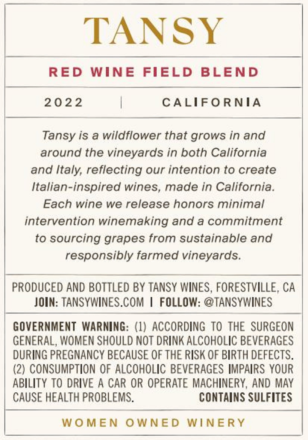 TABC label artwork for Tansy Field Blend Red Wine California