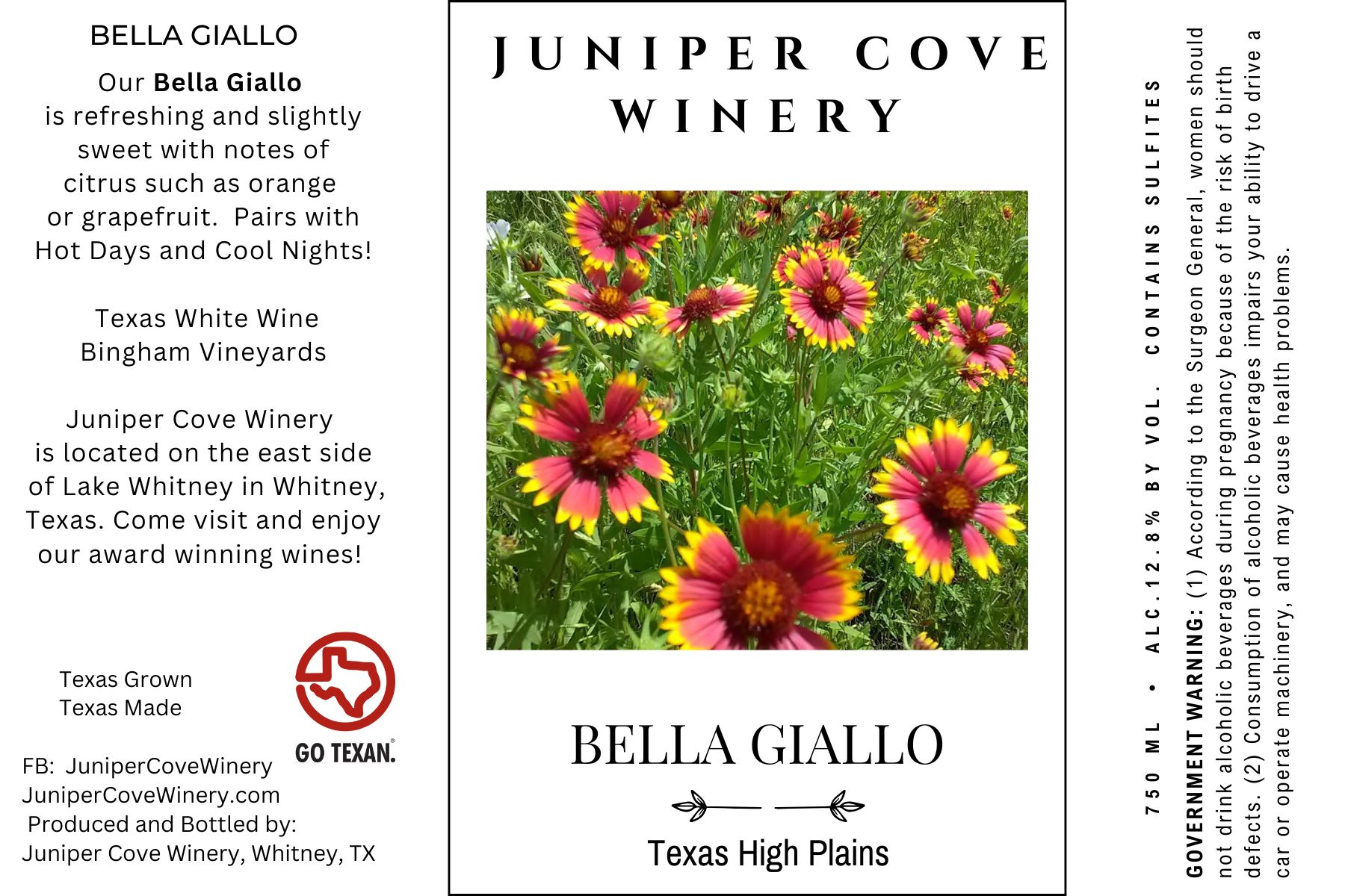 TABC label artwork for Juniper Cove Winery Bella Giallo