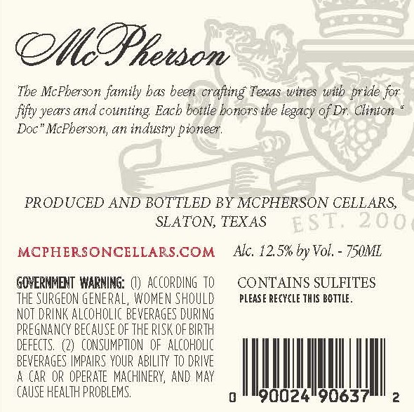 TABC label artwork for MCPHERSON SWEET MUSCAT