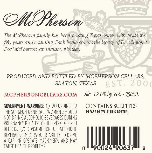TABC label artwork for MCPHERSON SWEET RED