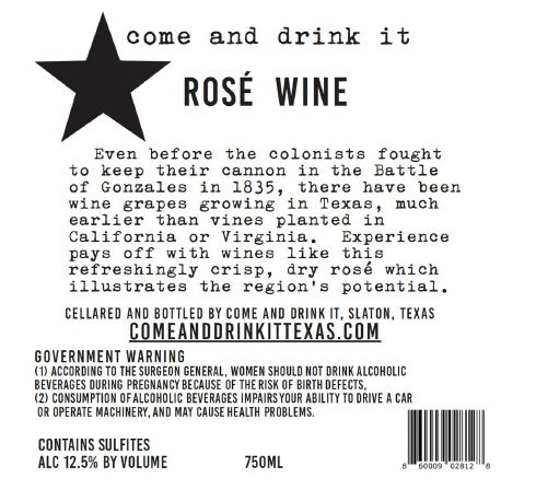 TABC label artwork for COME & DRINK IT ROSE WINE