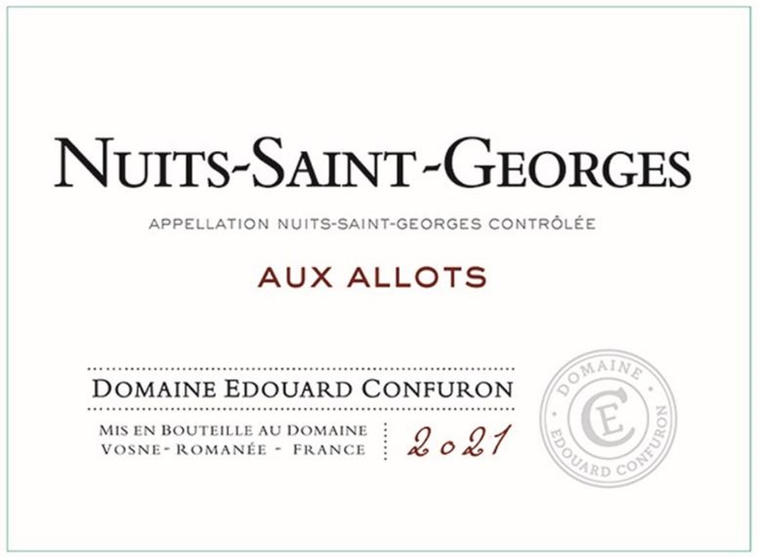 TABC label artwork for Domaine Edouard Confuron Aux Allots Red Burgundy Wine Nuits-Saint-Georges