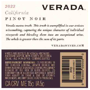 TABC label artwork for VERADA PINOR NOIR CALIFORNIA