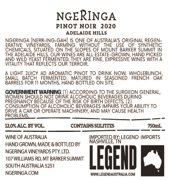 TABC label artwork for Ngeringa Adelaide Hills Pinot Noir