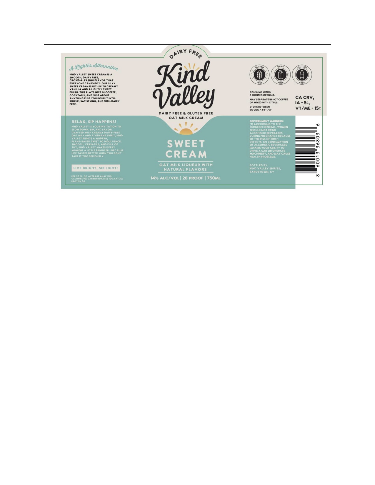 TABC label artwork for Kind Valley Sweet Cream Non-Dairy made with Oat Milk