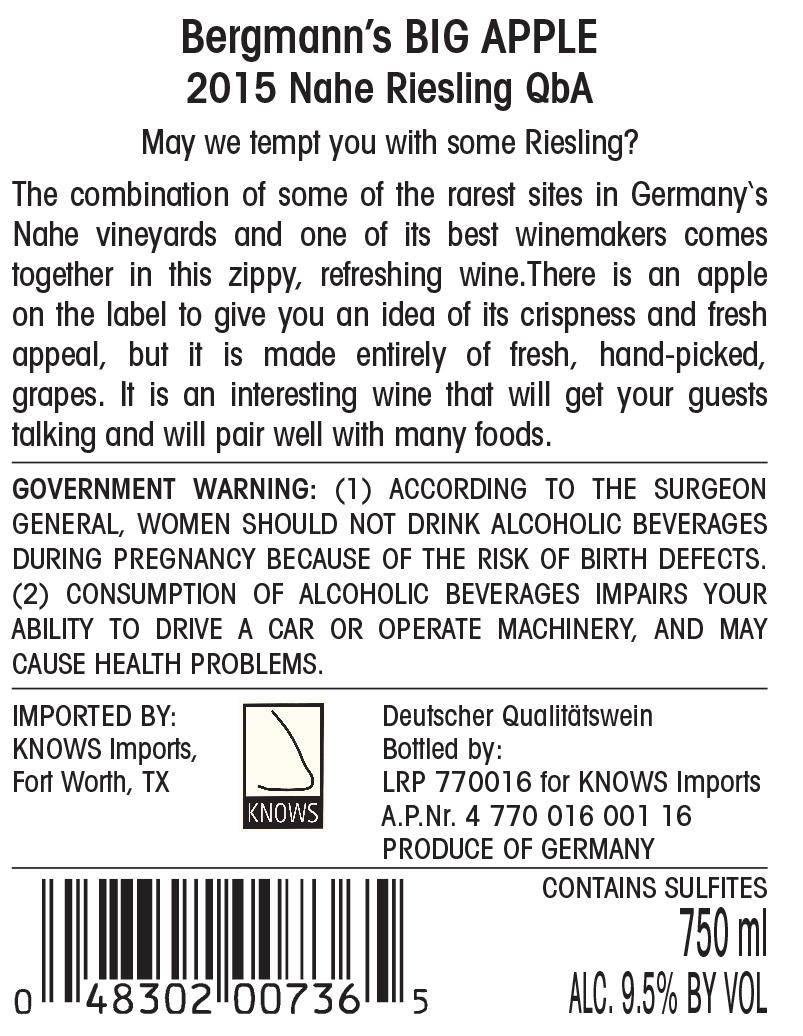TABC label artwork for Bergmann's Big Apple Riesling