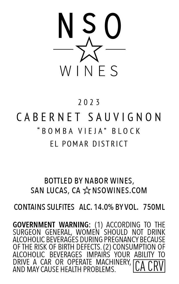 TABC label artwork for NSO Wines Cabernet Sauvignon "Bomba Vieja" Block El Pomar District