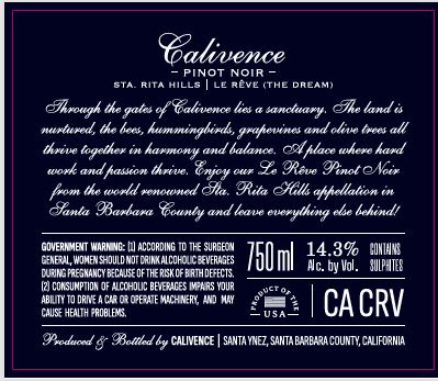 TABC label artwork for Calivence Le Reve (The Dream) Pinot Noir