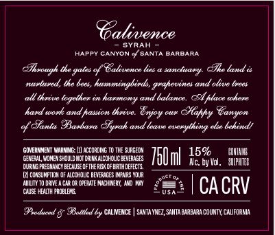 TABC label artwork for Calivence Syrah