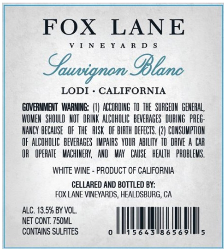 TABC label artwork for FOX LANE VINEYARDS SAUVIGNON BLANC