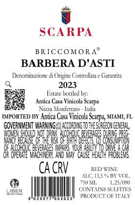TABC label artwork for Scarpa Briccomora Barbera d'Asti Red
