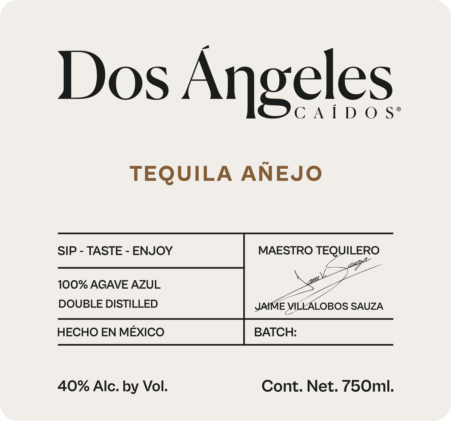 TABC label artwork for Dos Ángeles Caídos Añejo