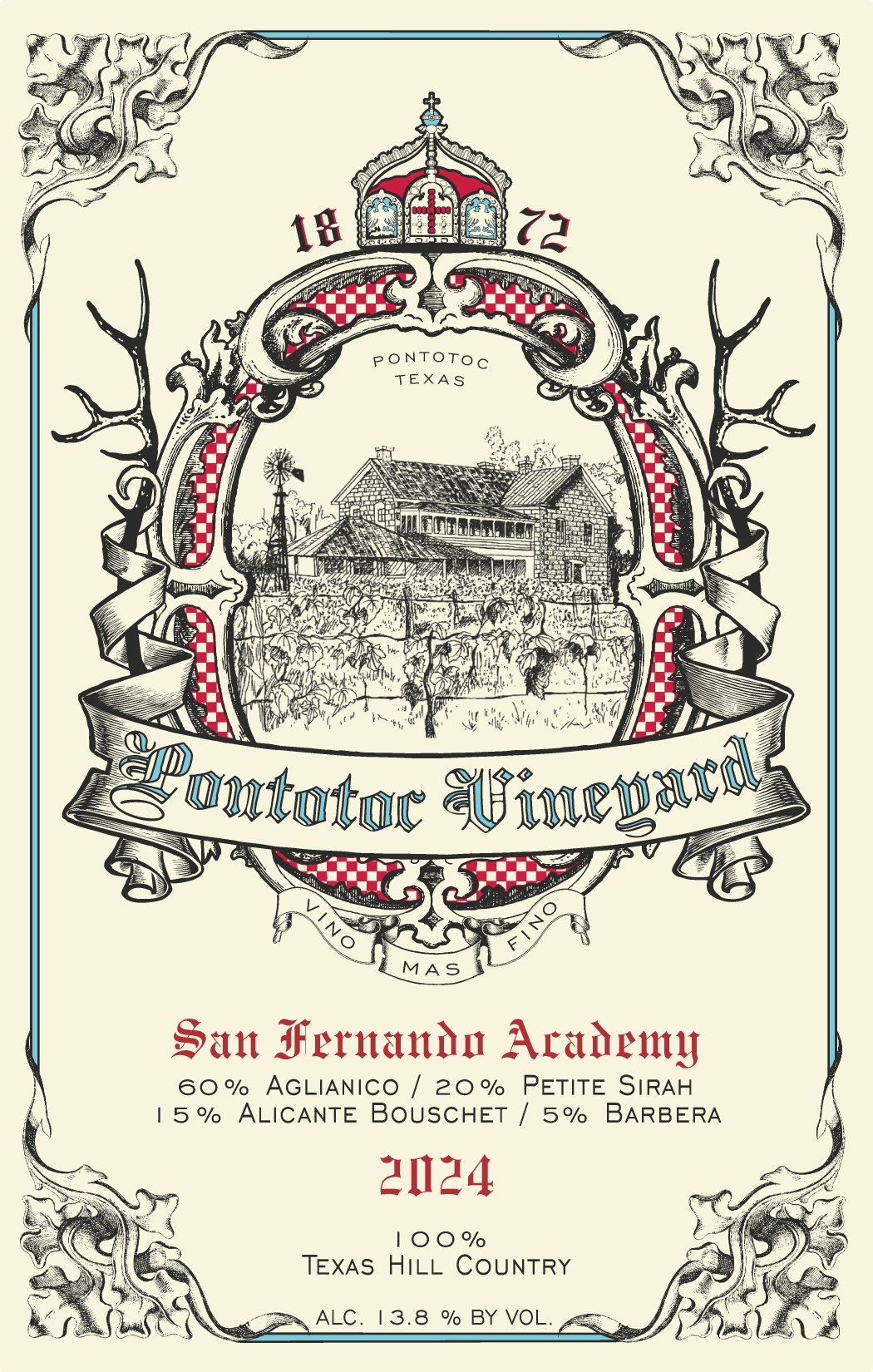 TABC label artwork for Pontotoc Vineyard San Fernando Academy