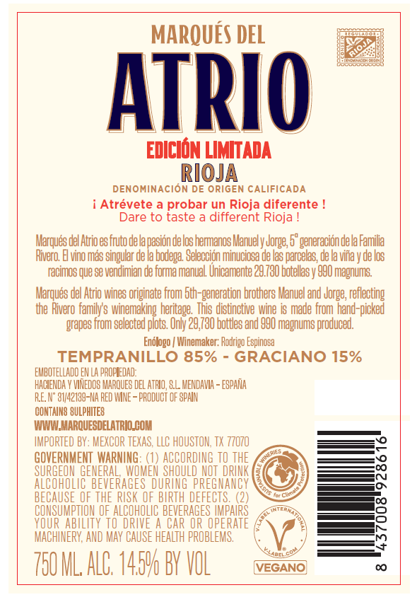 TABC label artwork for MARQUES DEL ATRIO EDICION LIMITADA