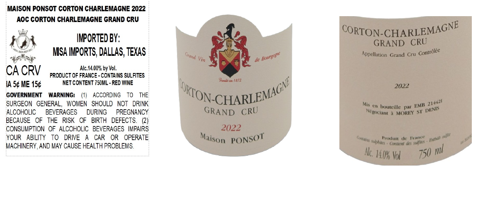 TABC label artwork for MAISON PONSOT CORTON CHARLEMAGNE GRAND CRU