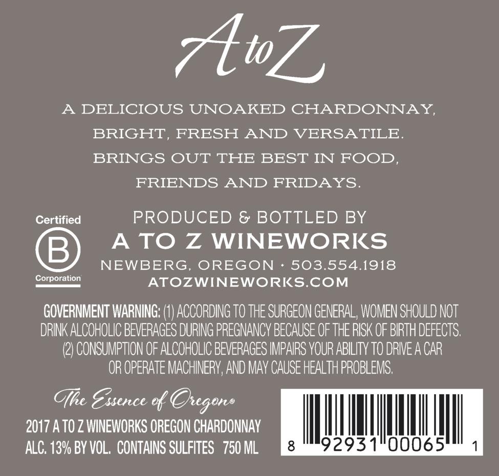 TABC label artwork for A to Z Wineworks Chardonnay