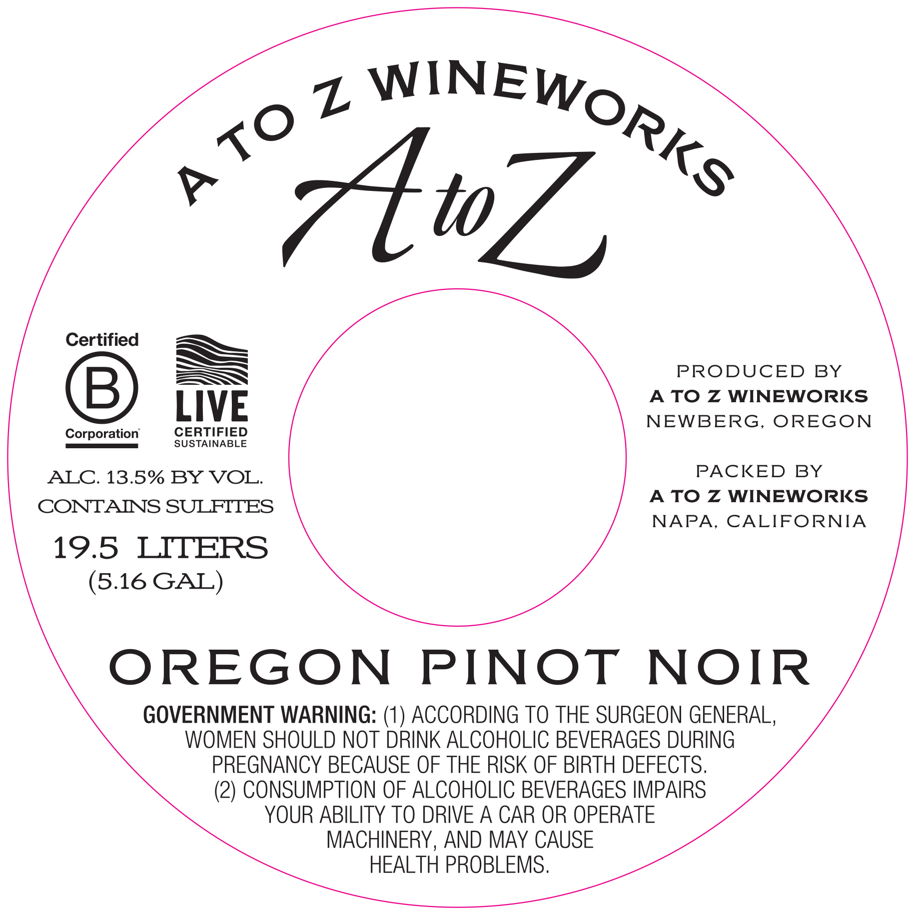 TABC label artwork for A to Z Wineworks Pinot Noir Keg