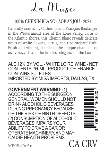 TABC label artwork for LA MUSE CHENIN BLANC