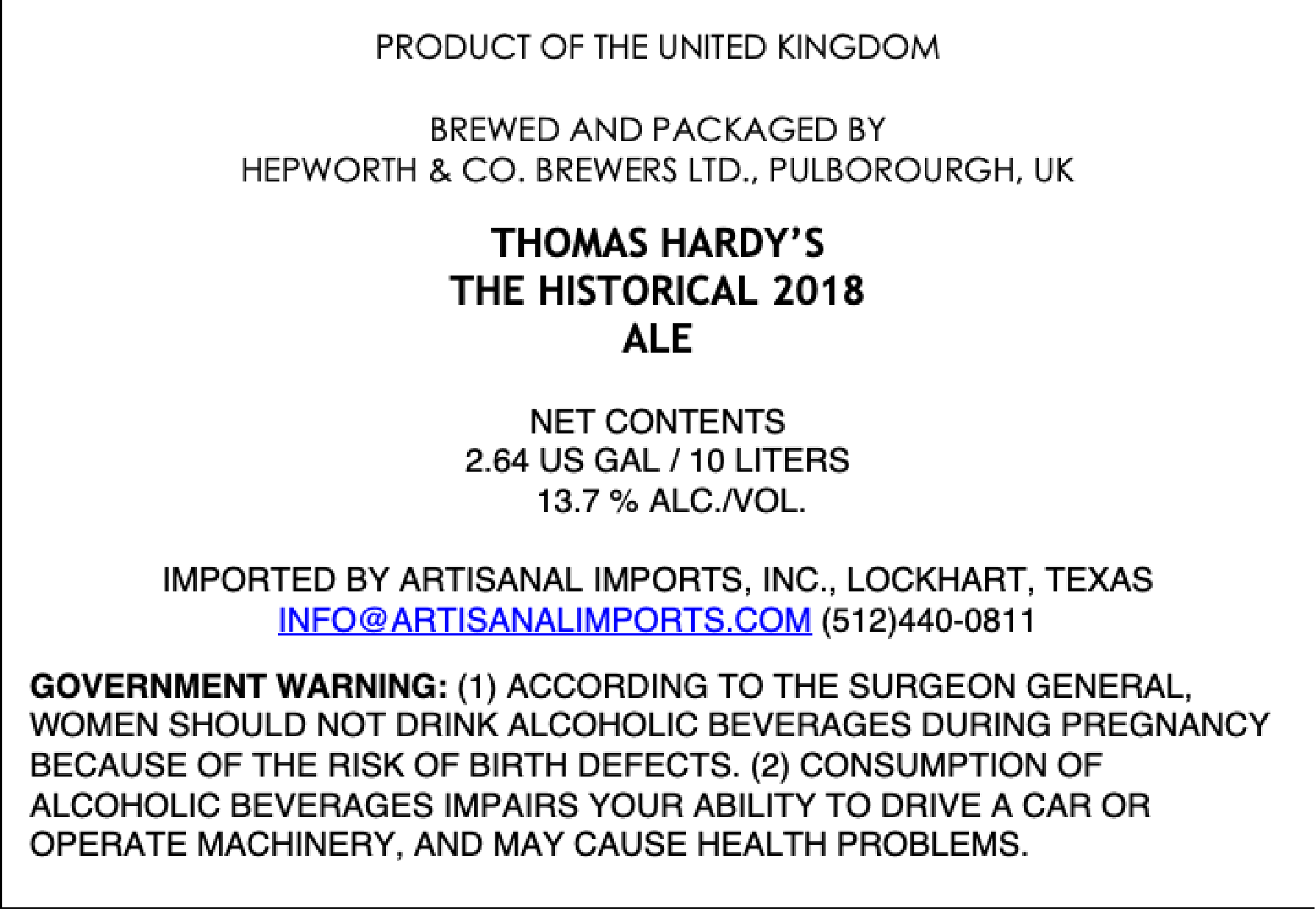 TABC label artwork for Thomas Hardy's The Historical 2018
