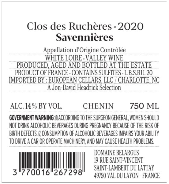 TABC label artwork for DOMAINE BELARGUS CLOS DU RUCHERES CHENIN SAVENNIERES
