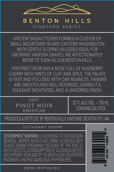 TABC label artwork for Benton Hills Vineyards Pinot Noir American