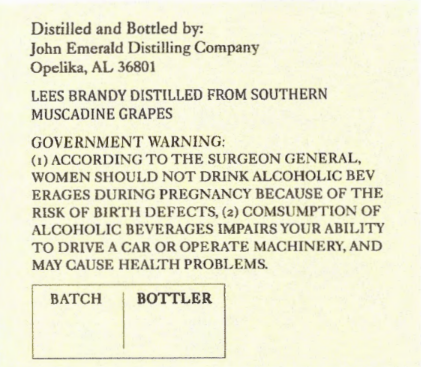 TABC label artwork for John Emerald Muscadines Lees Brandy