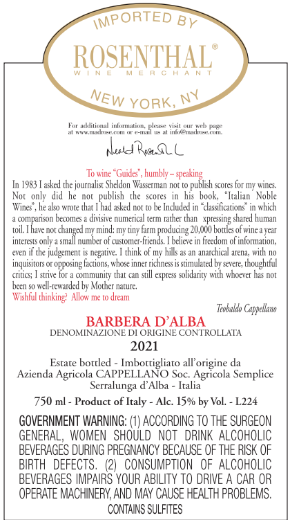 TABC label artwork for Cappellano Barbera d'Alba