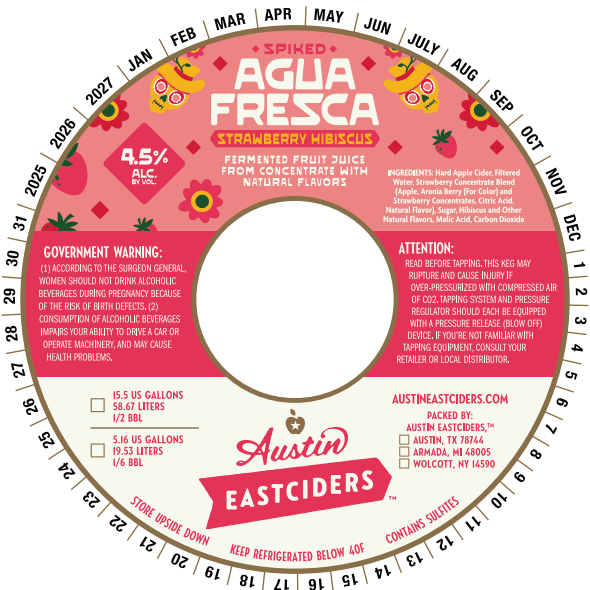 TABC label artwork for Austin Eastciders Spiked Agua Fresca Strawberry Hibiscus