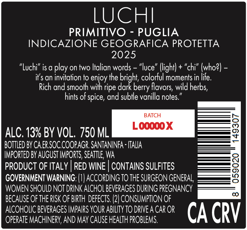 TABC label artwork for Luchi Primitivo Puglia