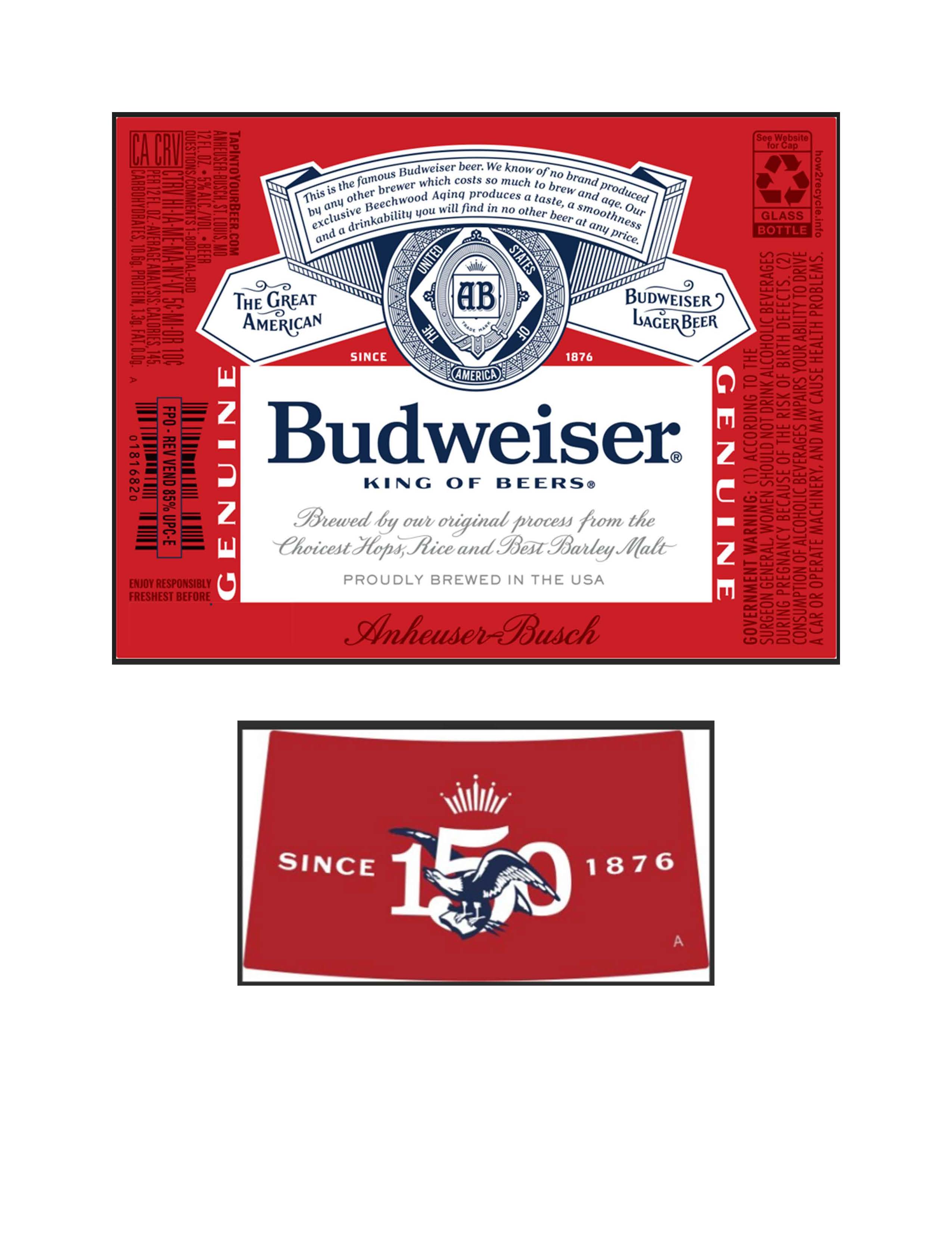 TABC label artwork for BUDWEISER 150TH ANNIVERSARY 12 OZ. BTL