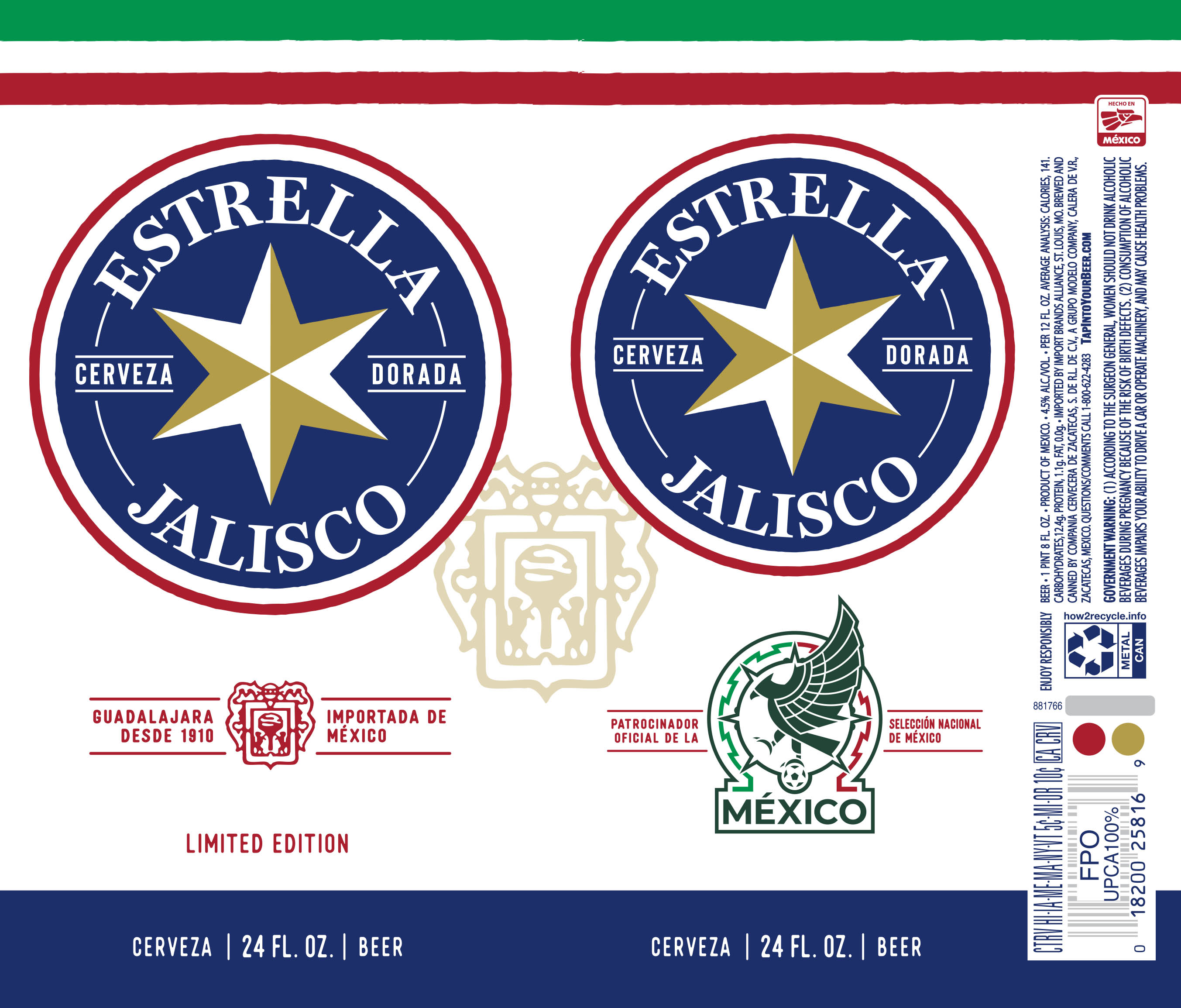 TABC label artwork for ESTRELLA JALISCO 2026 MEXICAN NATIONAL SOCCER FIFA 24 OZ. CAN