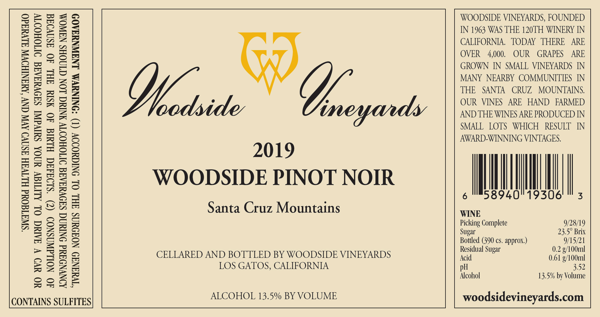 TABC label artwork for Woodside Vineyards Pinot Noir