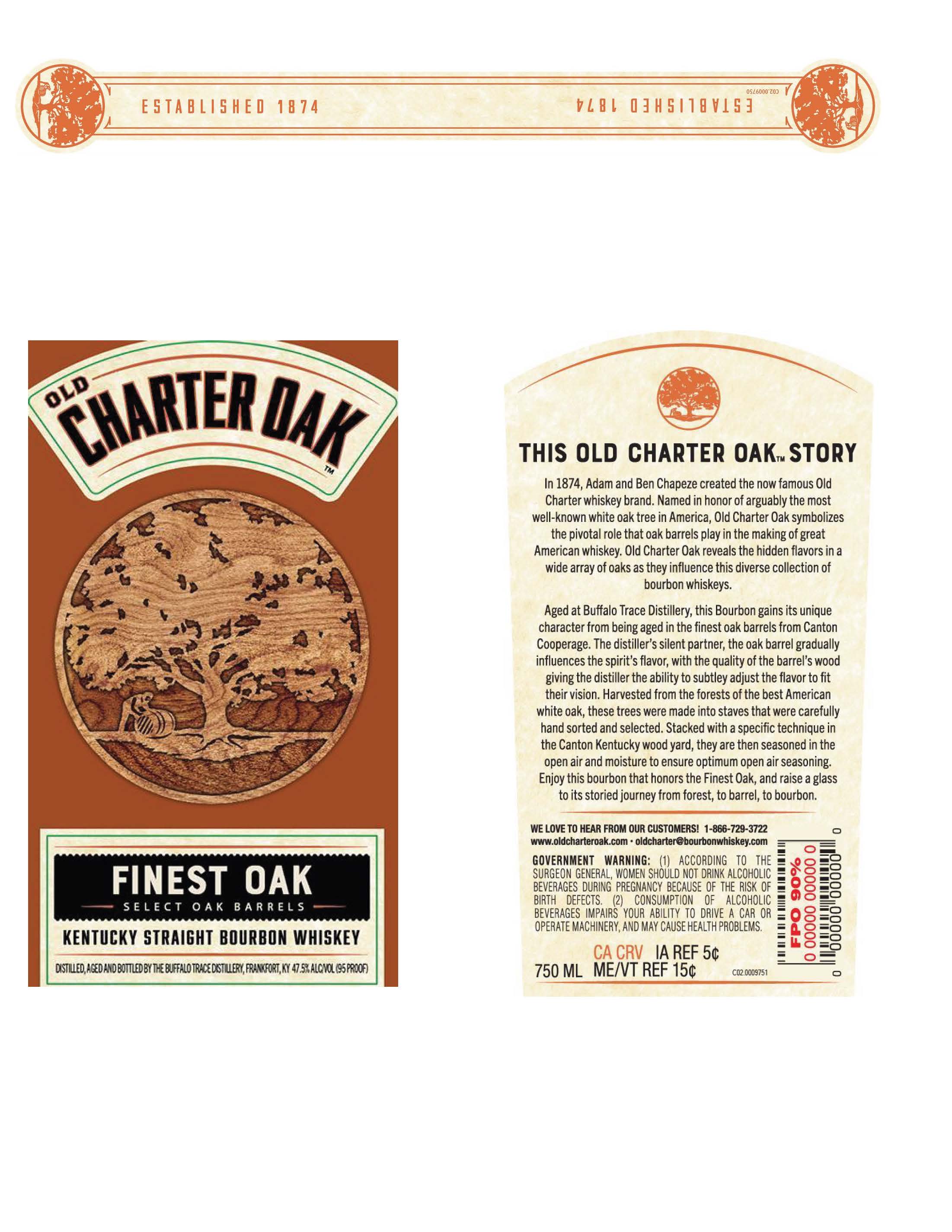 TABC label artwork for Old Charter Oak Finest Oak