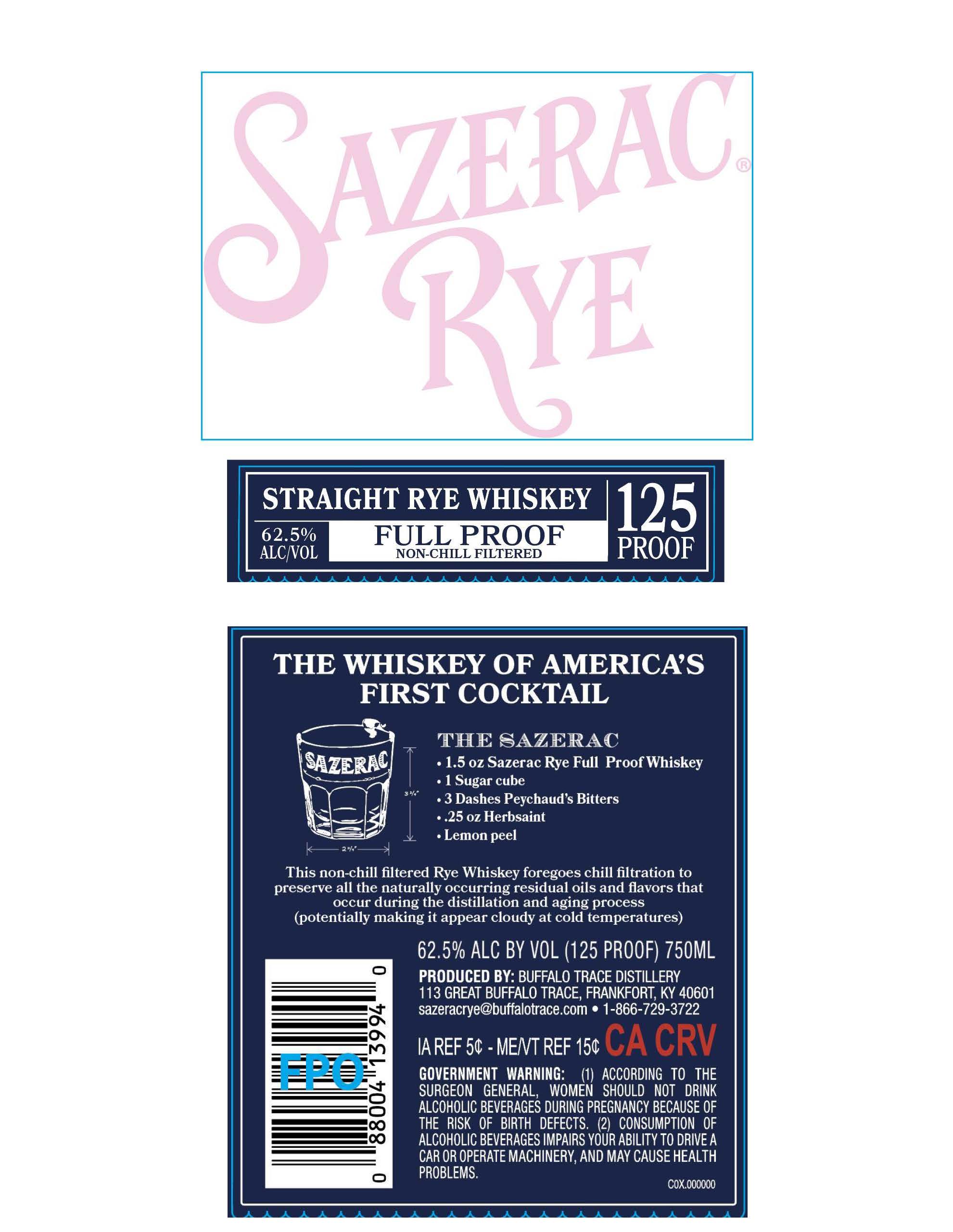 TABC label artwork for Sazerac Rye Full Proof Straight Rye Whiskey125pf
