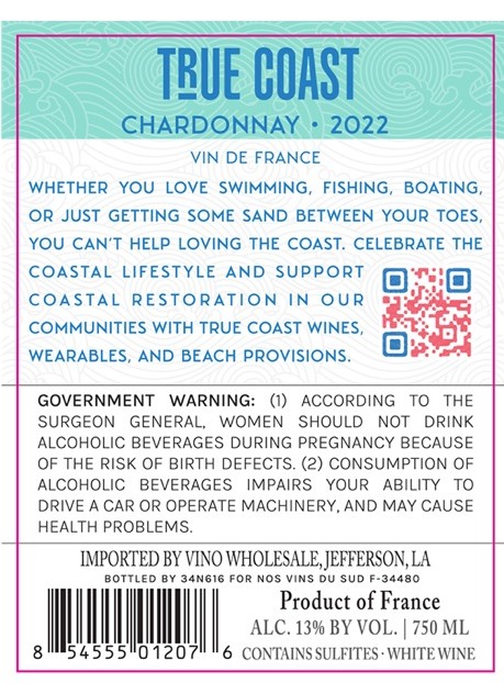 TABC label artwork for True Coast Chardonnay