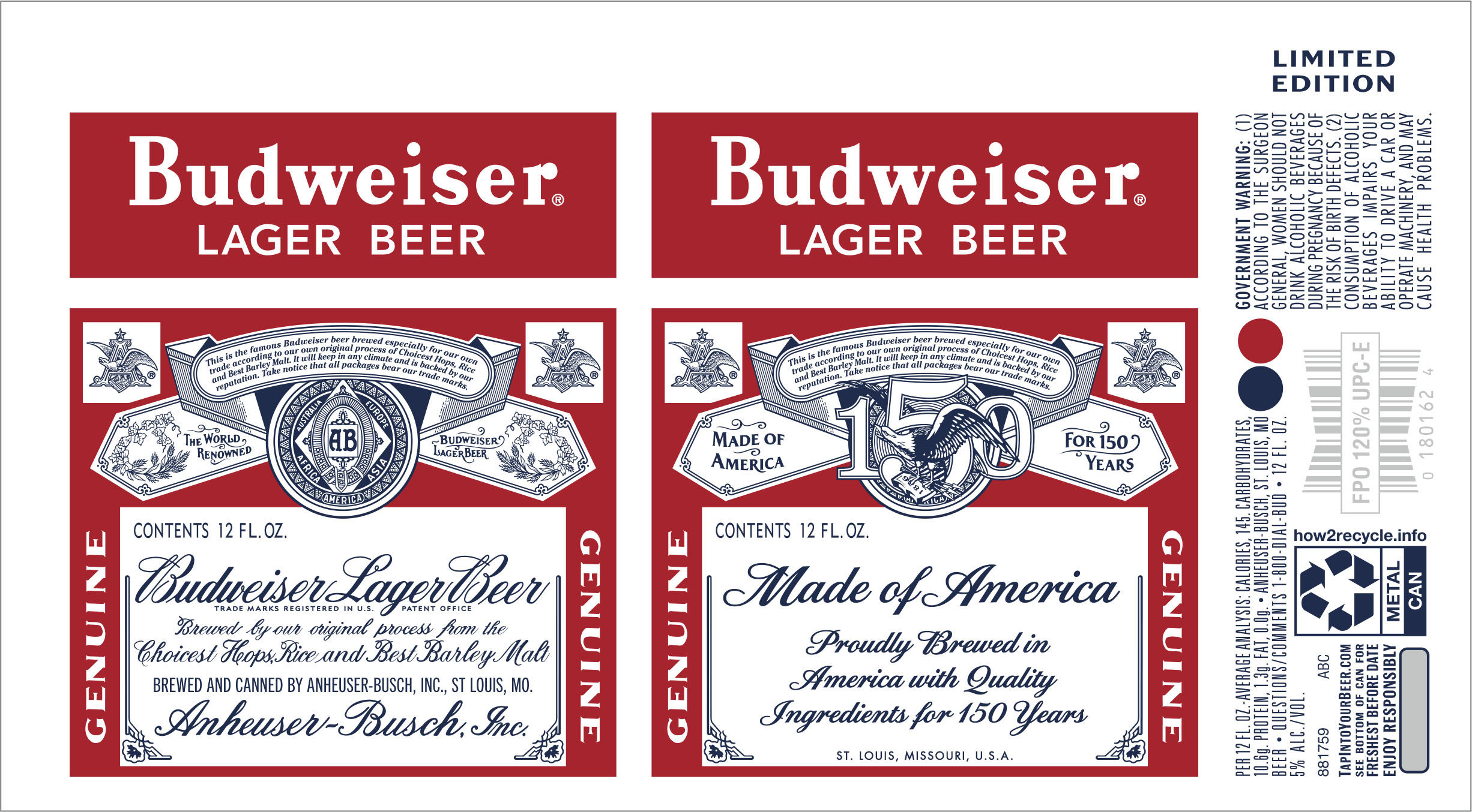 TABC label artwork for BUDWEISER 150TH ANNIVERSARY 12 OZ. CAN (1956 VERSION)