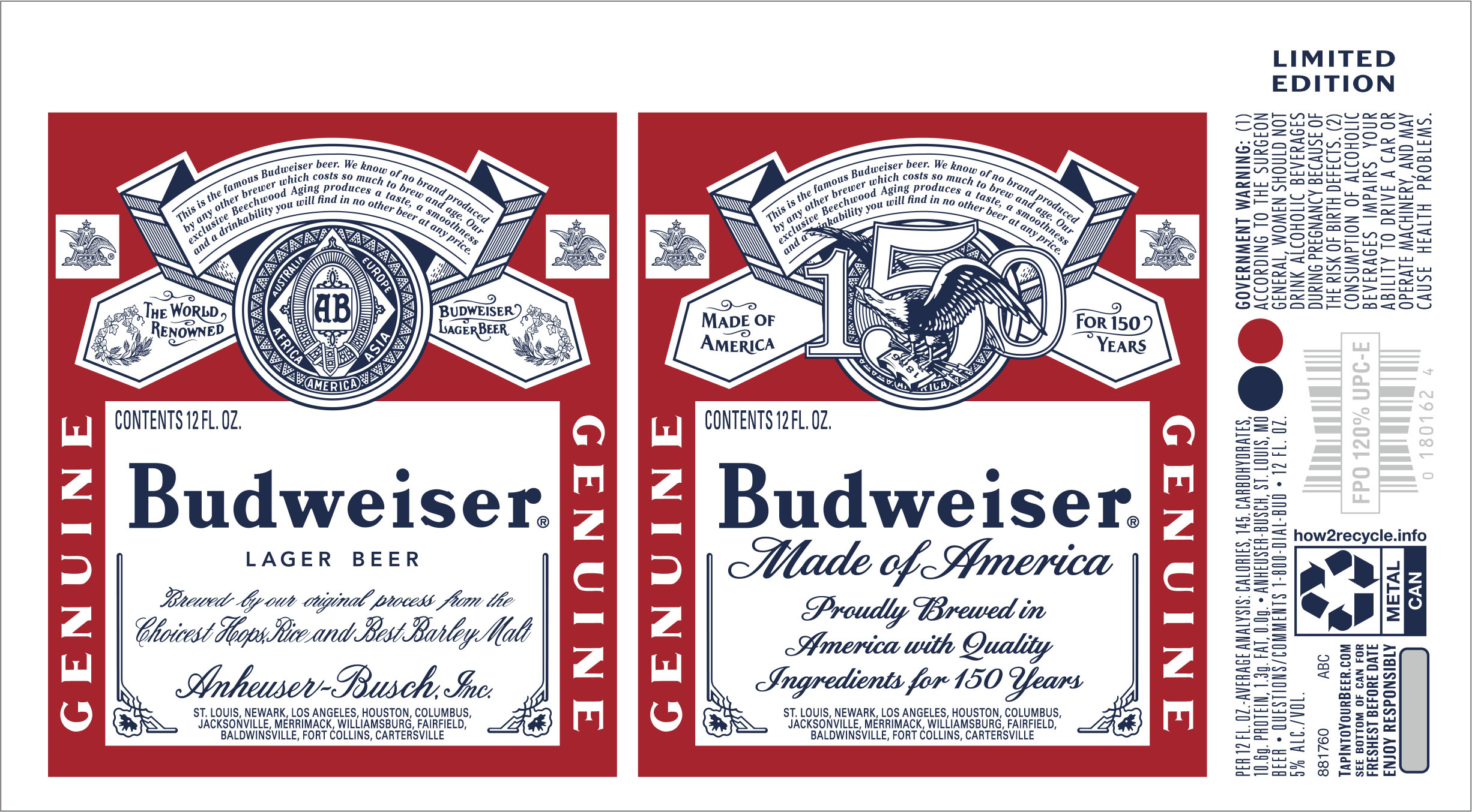 TABC label artwork for BUDWEISER 150TH ANNIVERSARY 12 OZ. CAN (1970 VERSION)