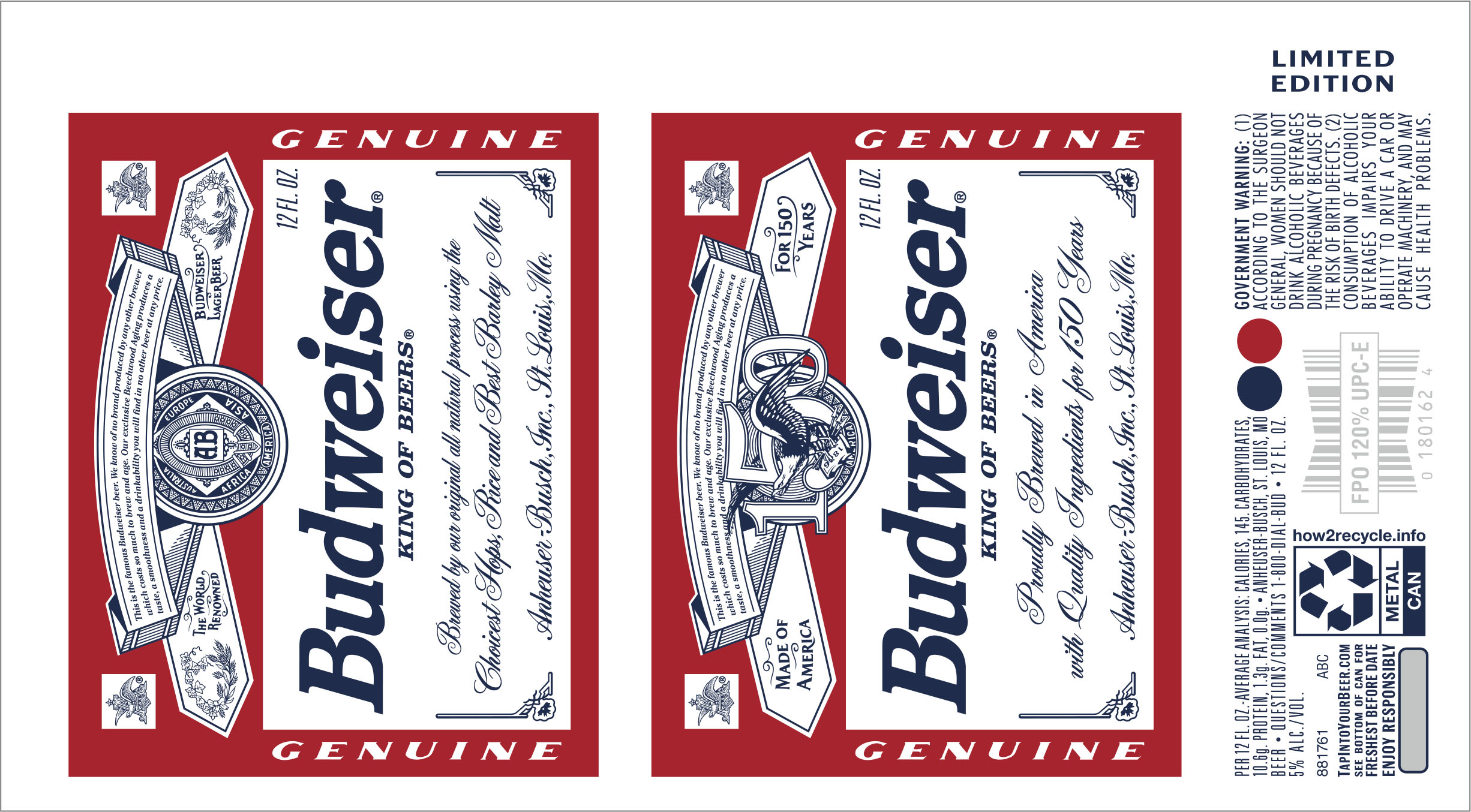TABC label artwork for BUDWEISER 150TH ANNIVERSARY 12 OZ. CAN (1997 VERSION)