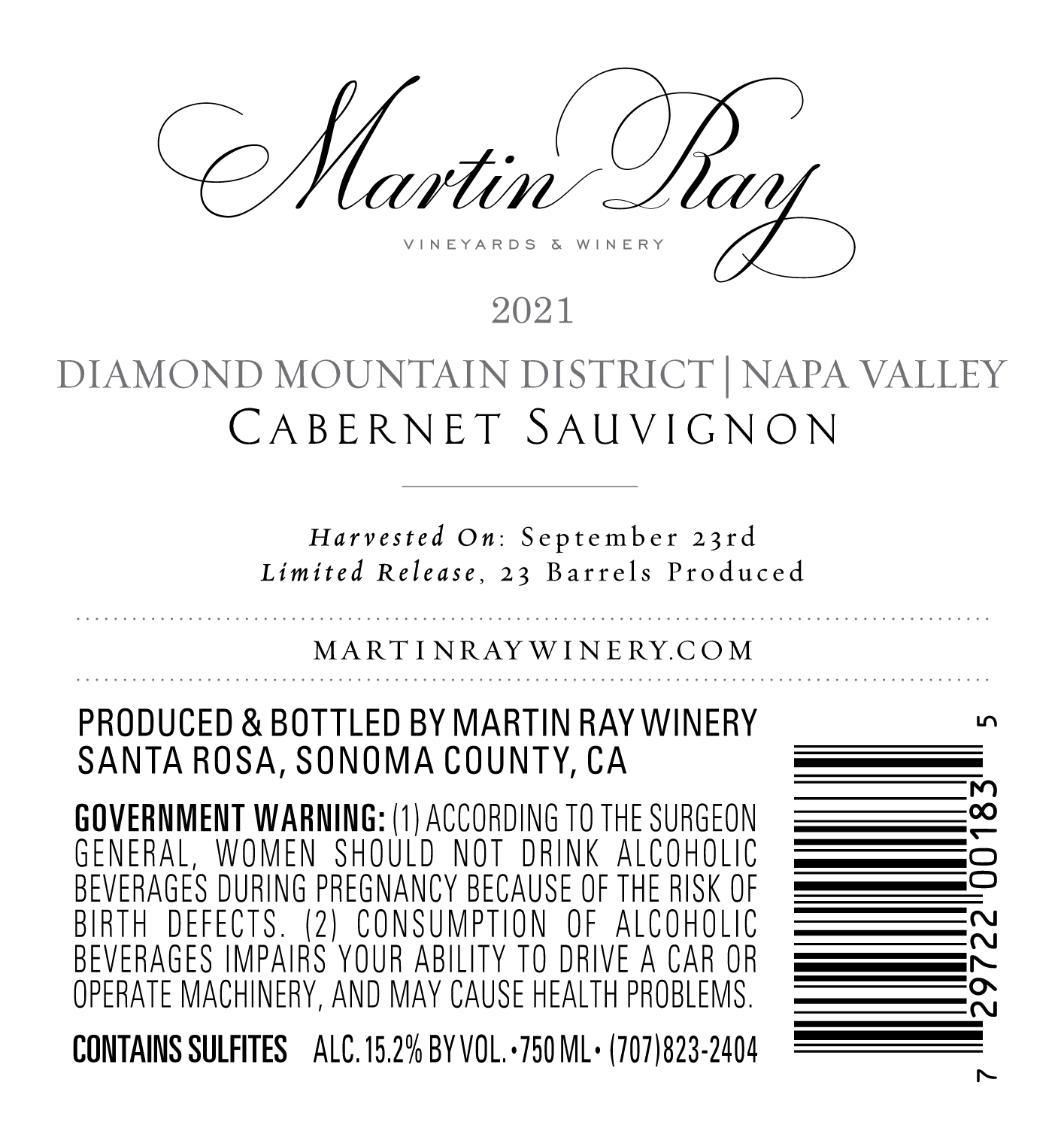 TABC label artwork for Martin Ray Cabernet Sauvignon Diamond Mountain District 23-0736