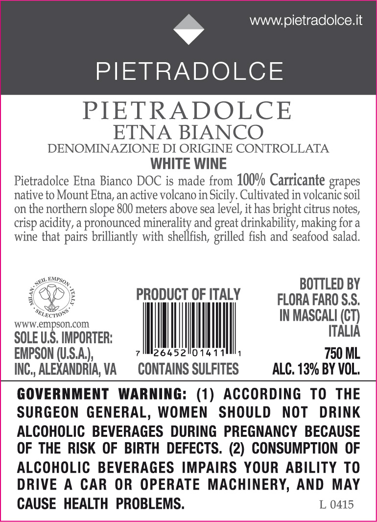TABC label artwork for PIETRADOLCE CARRICANTE ETNA BIANCO