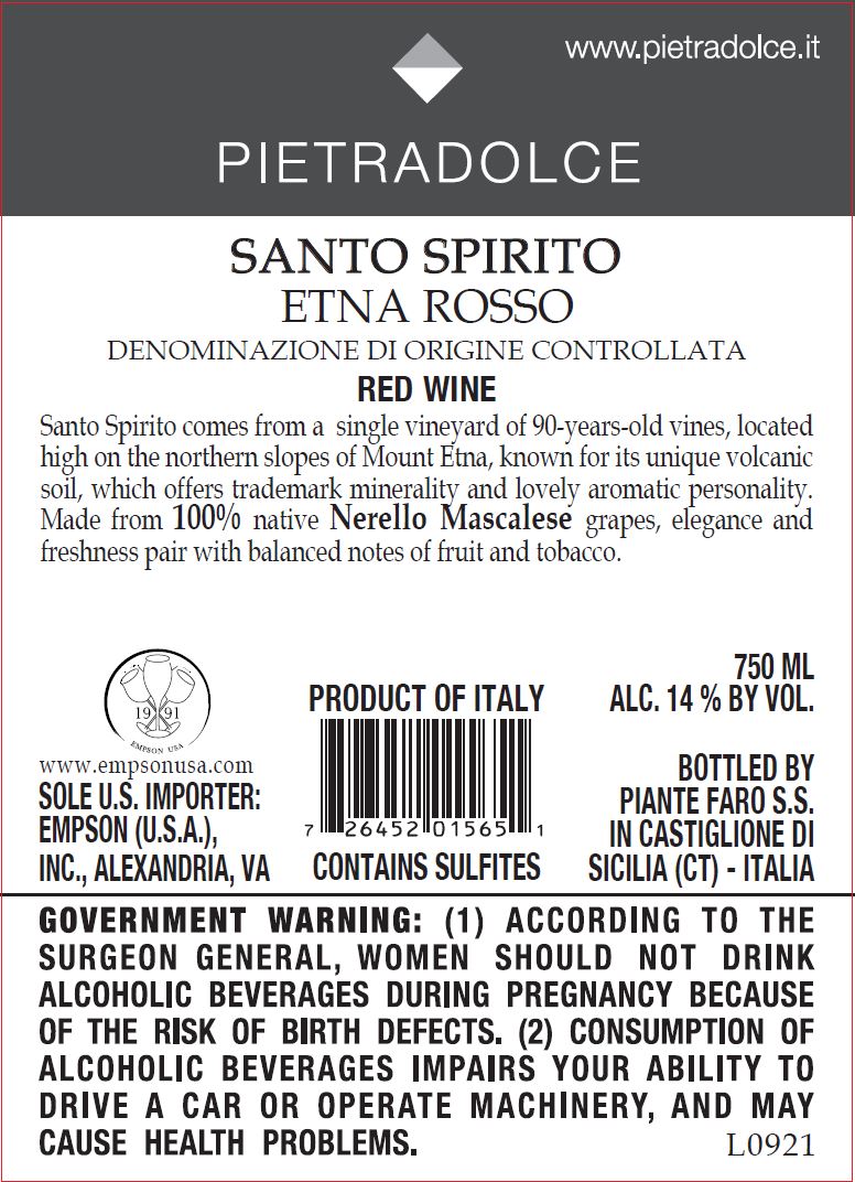 TABC label artwork for PIETRADOLCE SANTO SPIRITO NERELLO MASCALESE